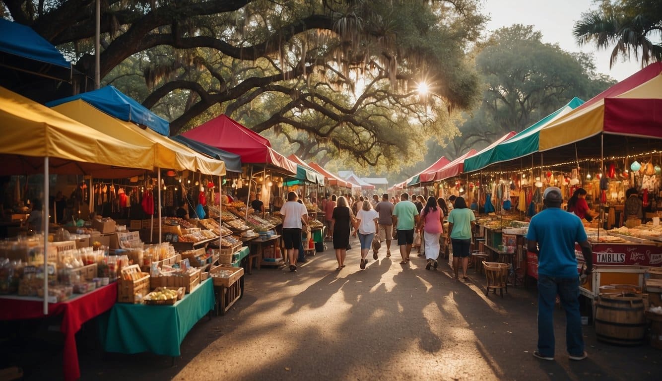 Colorful market stalls line the bayou, selling handmade crafts and spicy Cajun treats. Festive music fills the air as locals and tourists alike browse the unique gifts and decorations