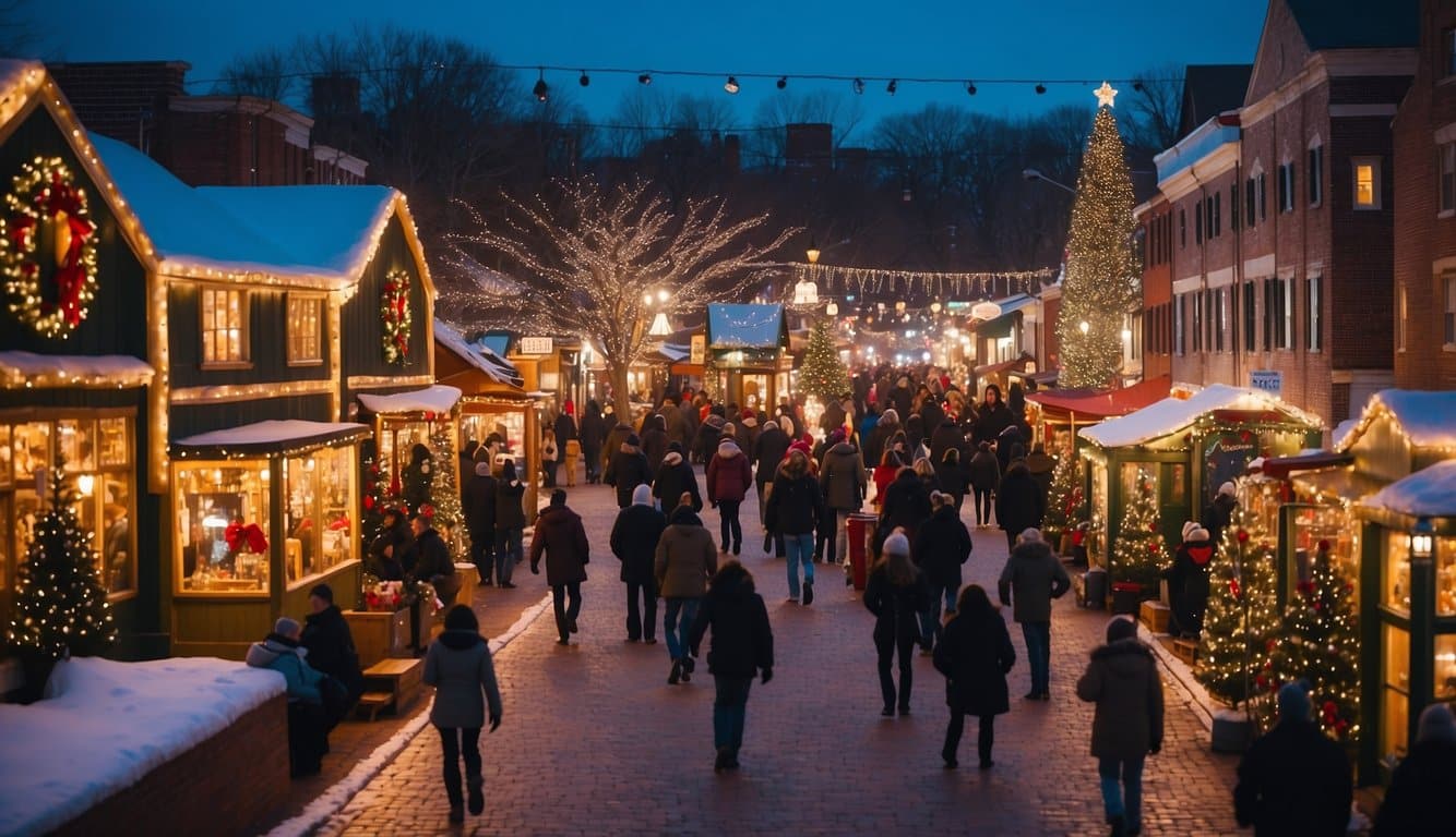 A bustling Christmas village in Baltimore, Maryland, with colorful stalls and twinkling lights, surrounded by historic East Coast Christmas Markets