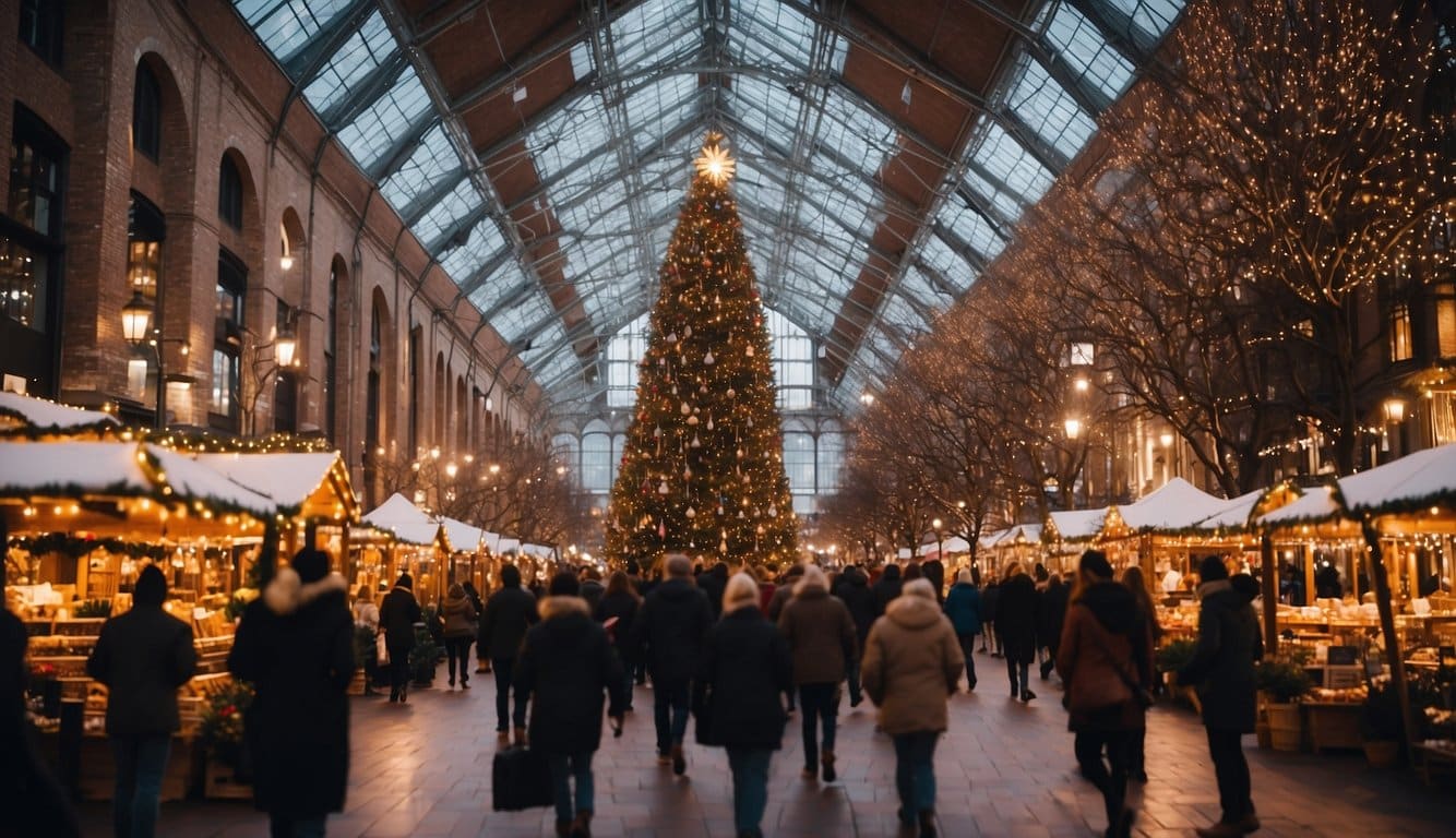 The holiday market is bustling with vendors and shoppers, surrounded by twinkling lights and festive decorations. A giant Christmas tree stands in the center, while the aroma of hot cocoa and roasted chestnuts fills the air