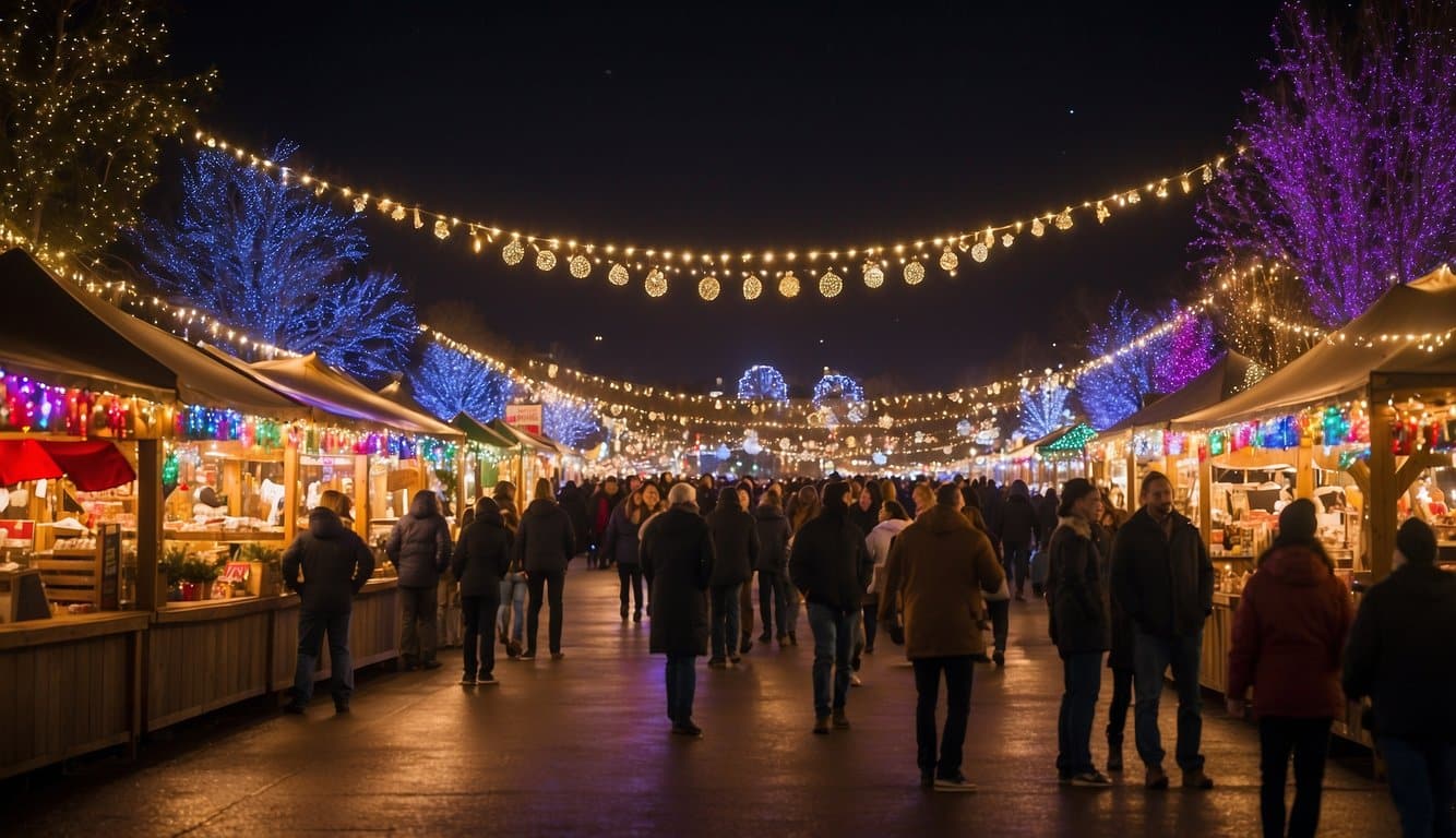 Colorful stalls line the waterfront, adorned with twinkling lights and festive decorations. Crowds gather to browse the Christmas markets, while the Lake Charles Lighting Festival illuminates the night sky