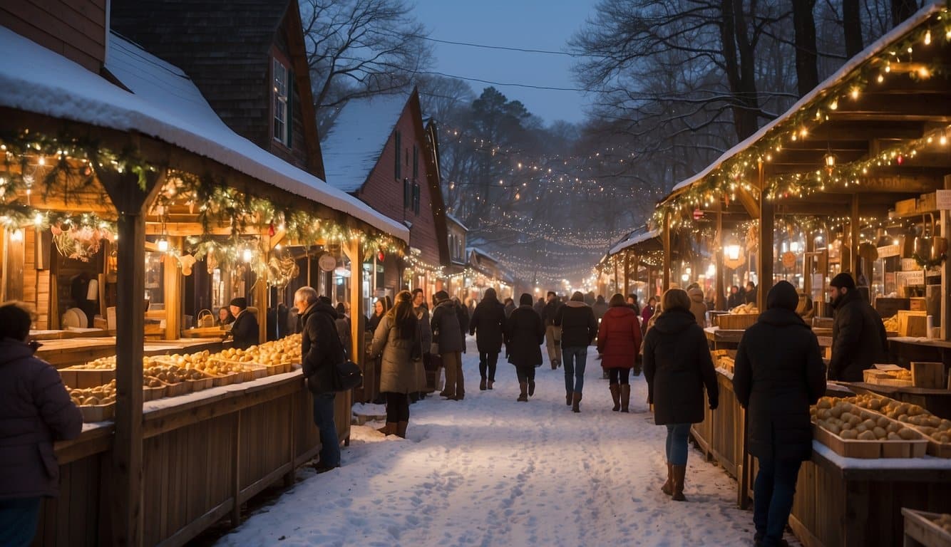 Snow-covered market stalls line the quaint streets of St. Francisville. Twinkling lights adorn the wooden structures, while the scent of hot cider and roasted chestnuts fills the air. A festive atmosphere is palpable as visitors browse the unique handmade crafts