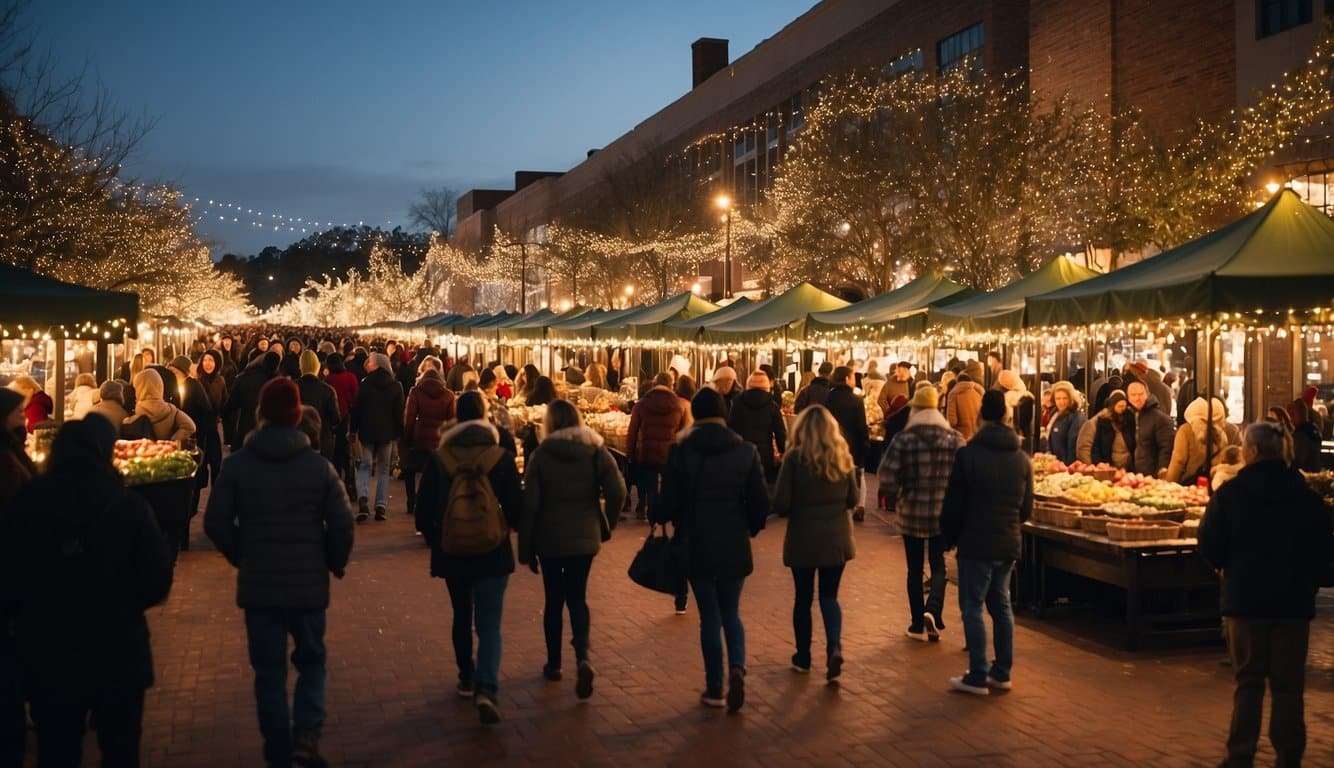 Bustling Mistletoe Market with festive stalls, twinkling lights, and joyful carolers in Baton Rouge, Louisiana