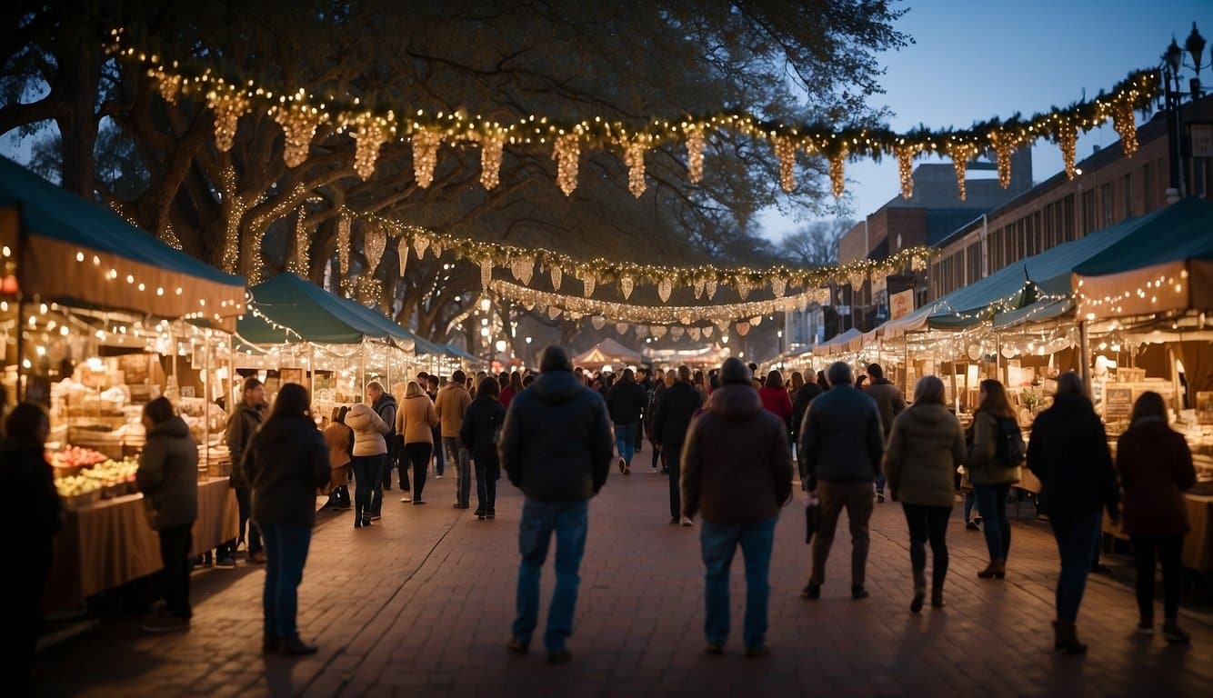 A bustling holiday market in Louisiana, filled with festive stalls and twinkling lights, draws in crowds of shoppers seeking unique Christmas gifts