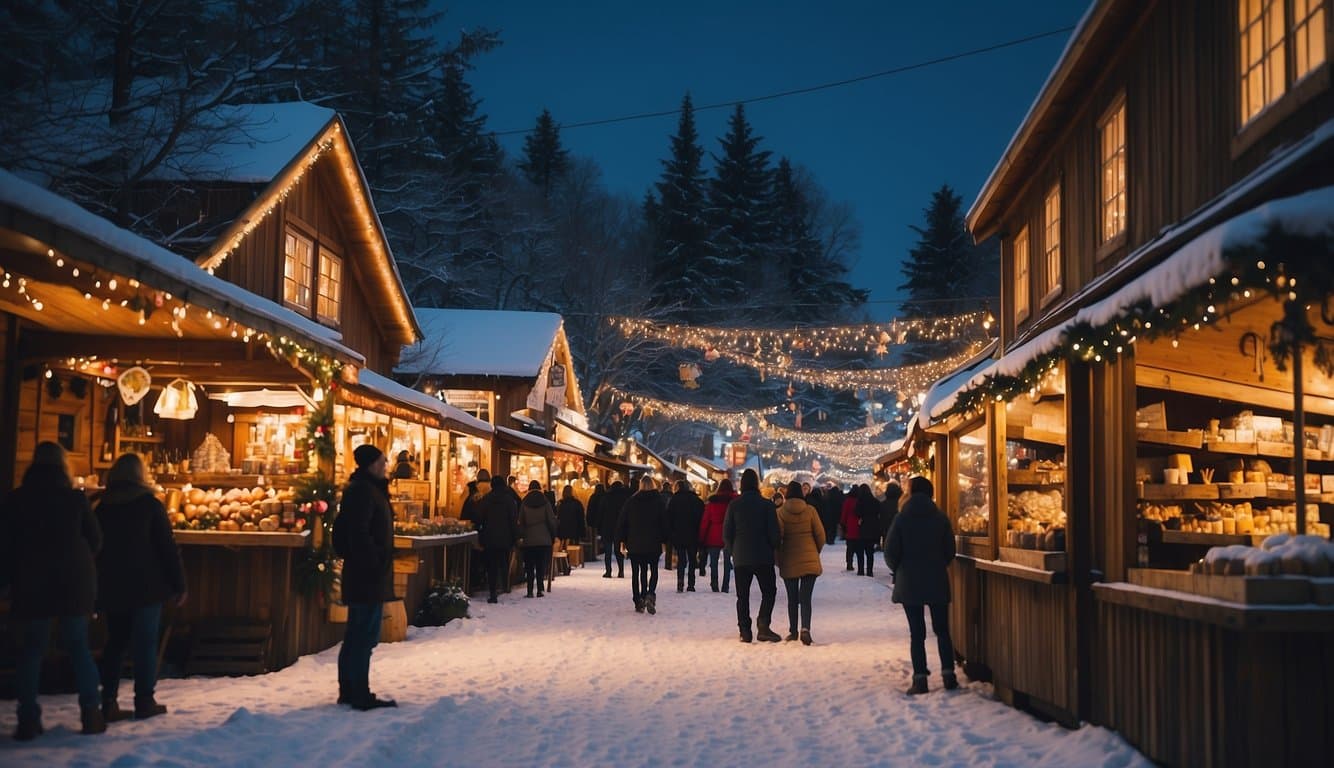 The Christmas market in Maine, 2024, features colorful stalls, twinkling lights, and festive decorations, with a backdrop of snow-covered trees and a cozy atmosphere