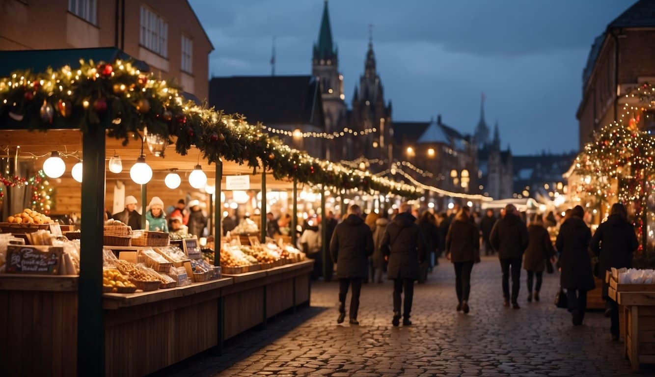 Colorful Christmas market booths line the harbor, glowing with festive lights. Snowflakes gently fall as visitors browse through the array of holiday crafts and treats