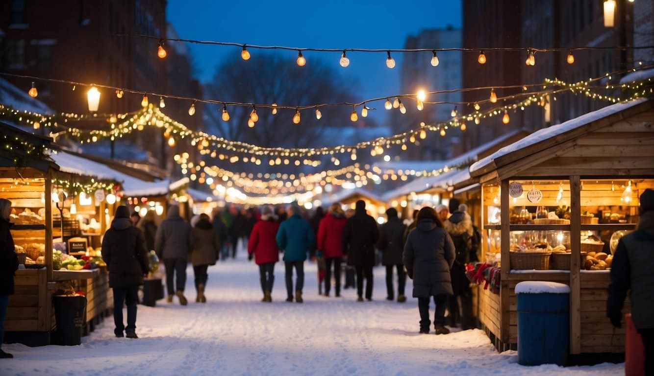 Colorful stalls line snowy streets at Merry Madness Christmas Markets, Portland, Maine 2024. Festive lights twinkle, and bustling crowds enjoy holiday treats and handmade crafts