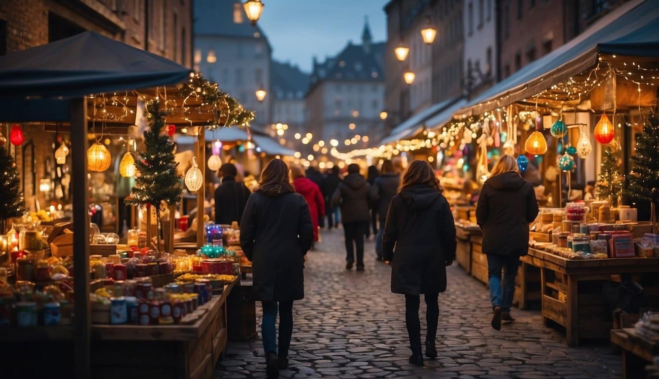 Colorful vendor booths line the cobblestone streets, adorned with twinkling lights and festive decorations. Shoppers browse through unique handmade gifts and holiday treats, creating a lively and cheerful atmosphere