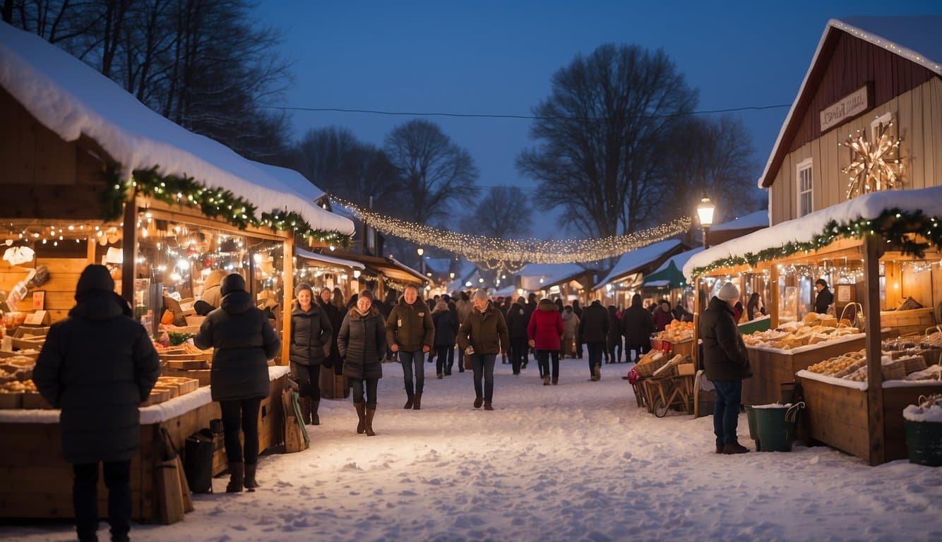 Colorful market stalls line the snowy park, adorned with twinkling lights and festive decorations. Visitors browse handmade crafts and warm up with hot cocoa, while carolers fill the air with holiday cheer