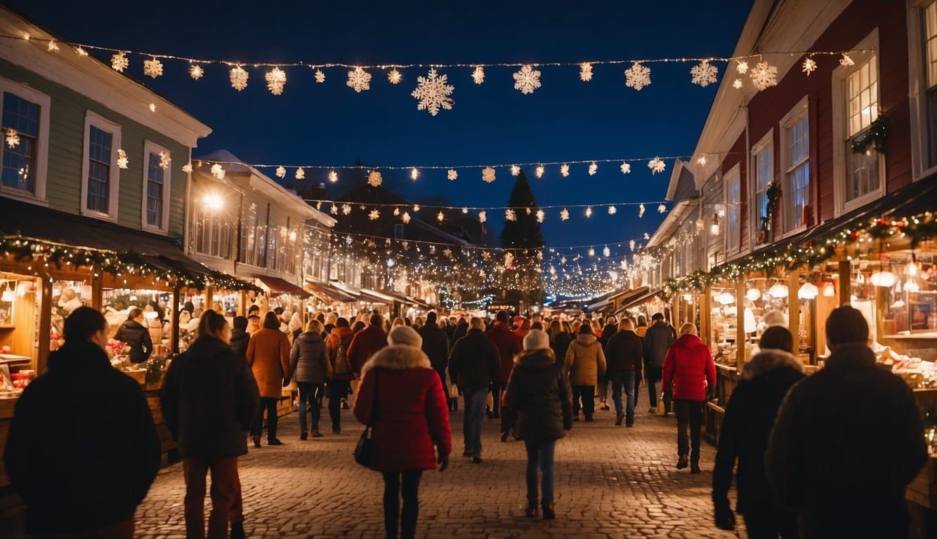 The bustling Christmas market in Freeport, Maine, is filled with colorful lights, festive decorations, and joyful shoppers browsing through the sparkling stalls