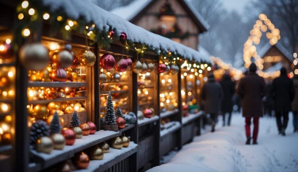 A festive outdoor market stall decorated with Christmas ornaments and lights stands in a snowy setting at the Christmas Markets Main 2024, with a small crowd of people walking by.