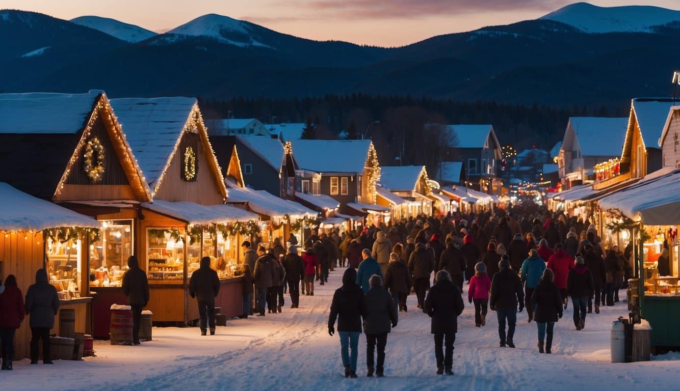 A bustling Christmas market in Rangeley, Maine, 2024, with colorful stalls, twinkling lights, and snow-covered mountains in the background