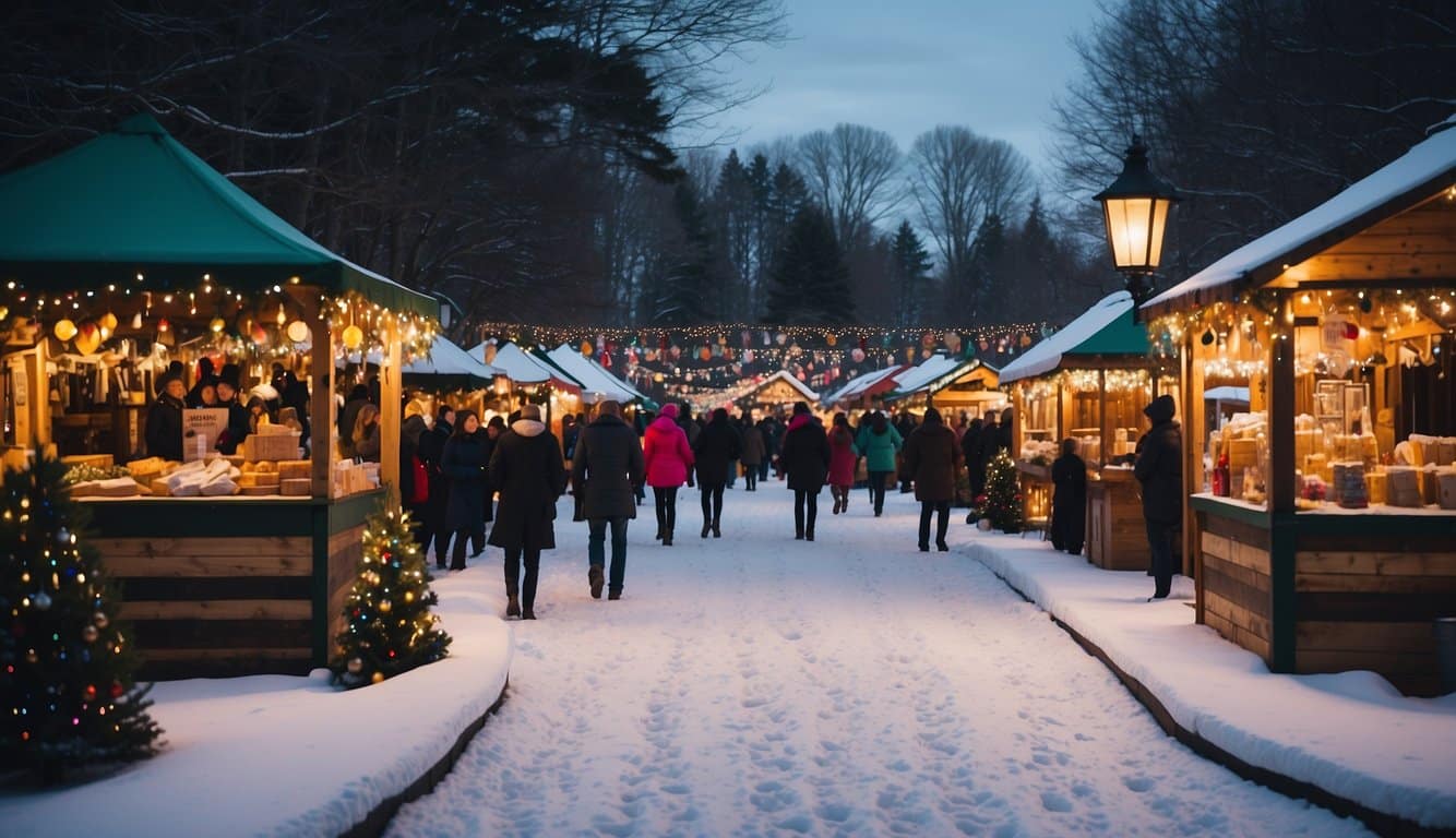 Colorful Christmas market booths line the snowy streets of Wiscasset, Maine, as festive decorations and twinkling lights create a magical holiday atmosphere