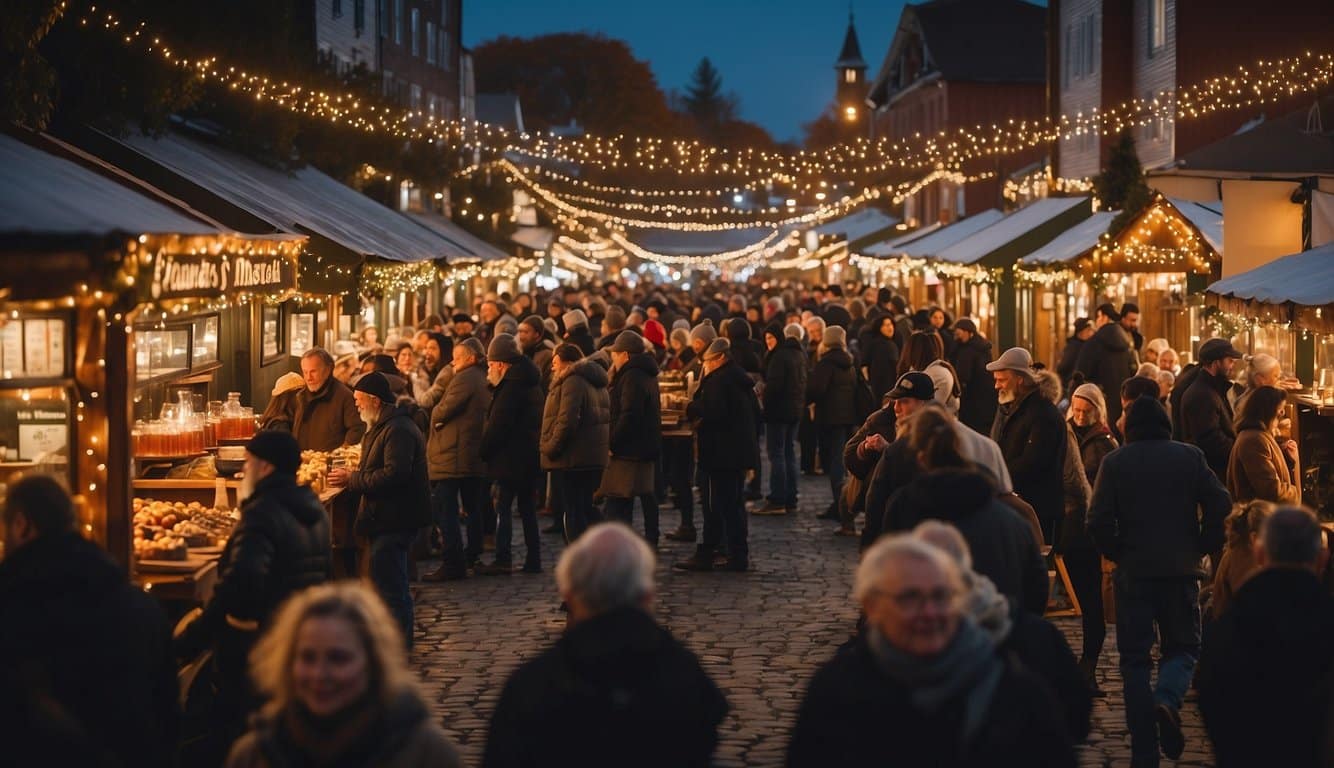 The bustling Christmas market at Gardiner's Swine and Stein Oktoberfest in Maine 2024, filled with festive lights, wooden stalls selling handmade goods, and the aroma of traditional German food and drink