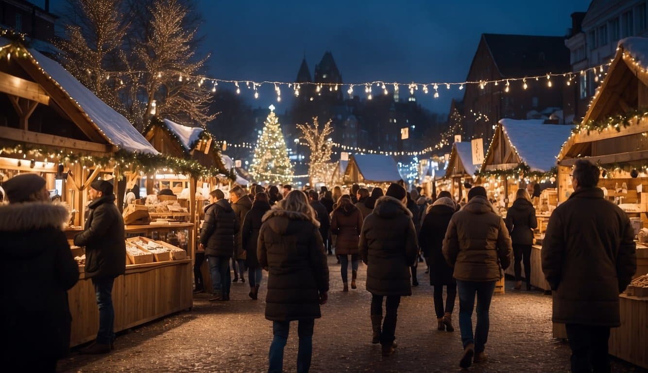 Crowds browse festive stalls at East Coast Christmas Markets. Vendors sell unique gifts and holiday treats. Decorated trees and twinkling lights create a merry atmosphere