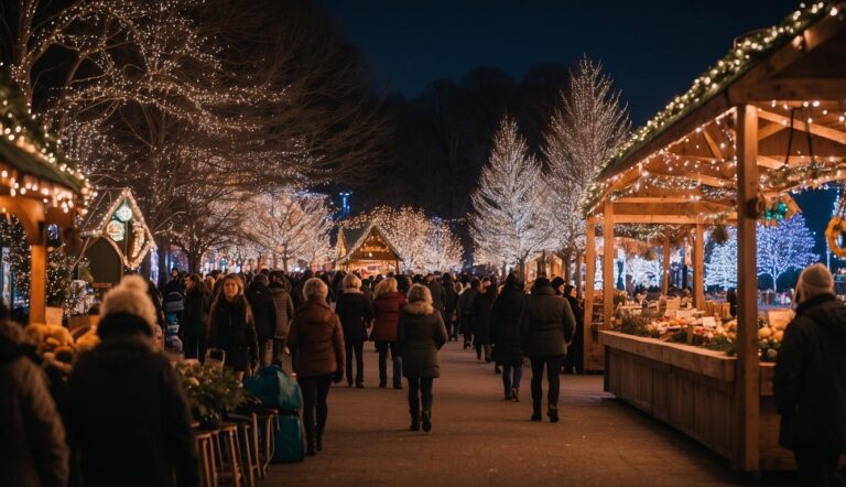 Experience the magic of Christmas Markets Maryland 2024 at a crowded holiday market at night, with numerous small wooden stalls lit by string lights. Wander along the pathway lined with illuminated trees, as people browse and enjoy the festive atmosphere.