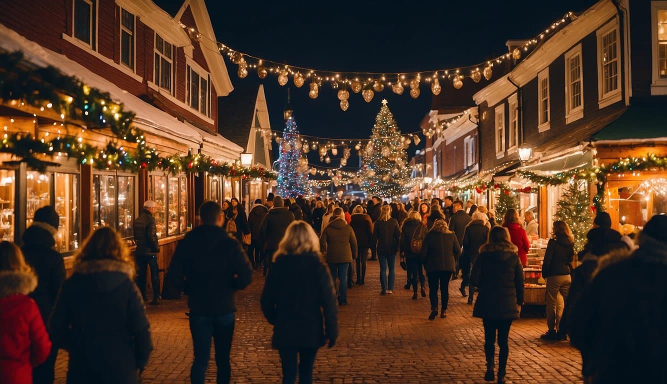 A bustling Christmas market with colorful stalls, twinkling lights, and festive decorations in Portsmouth, New Hampshire