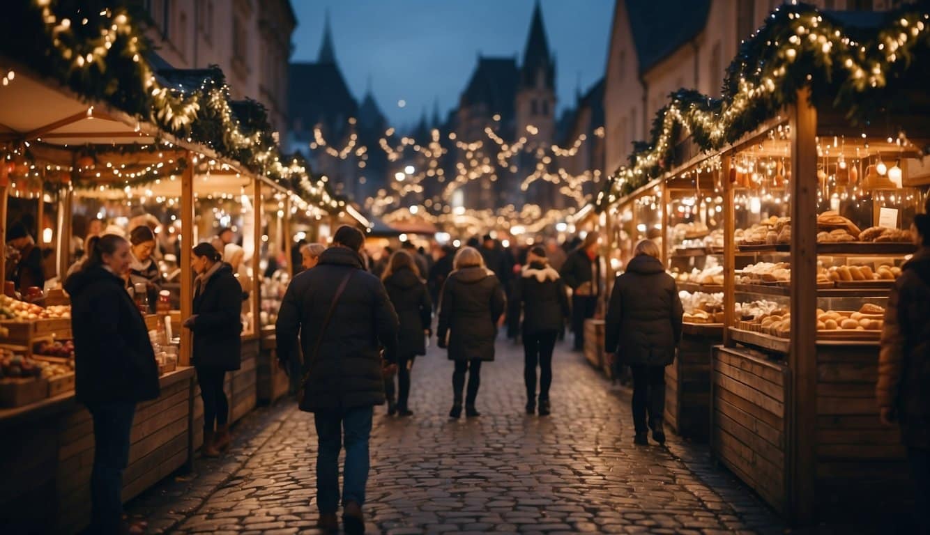 A bustling Christmas market with twinkling lights, festive decorations, and a variety of vendor stalls selling holiday gifts and treats