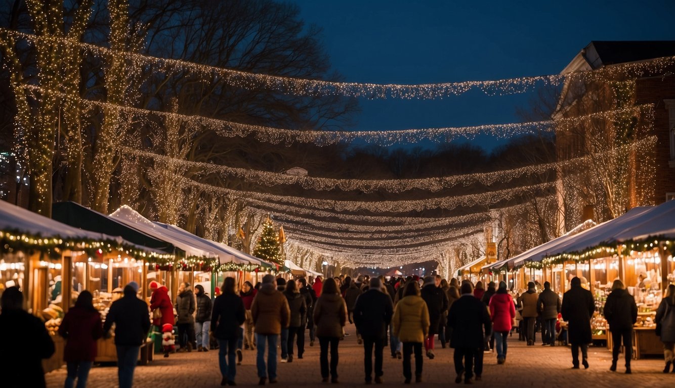 The Rockville Town Square Holiday Market is bustling with festive activity, as vendors sell handmade crafts and holiday treats under twinkling lights and colorful decorations