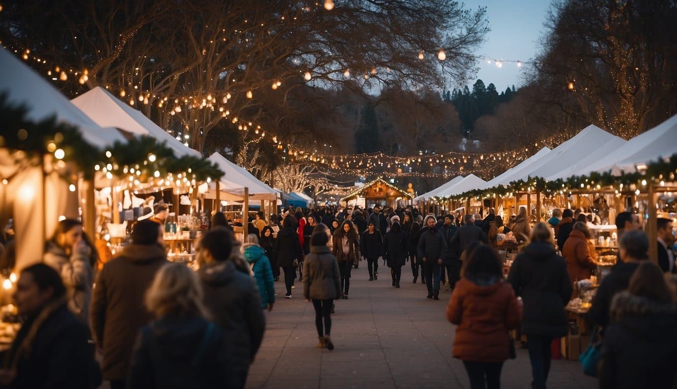 The holiday flea market bustles with vendors and shoppers at Howard County Fairgrounds, adorned with twinkling lights and festive decorations