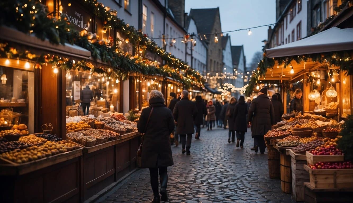 Festive stalls line the cobblestone streets, adorned with twinkling lights and colorful decorations. The aroma of mulled wine and roasted chestnuts fills the air as joyful carolers serenade the bustling crowd