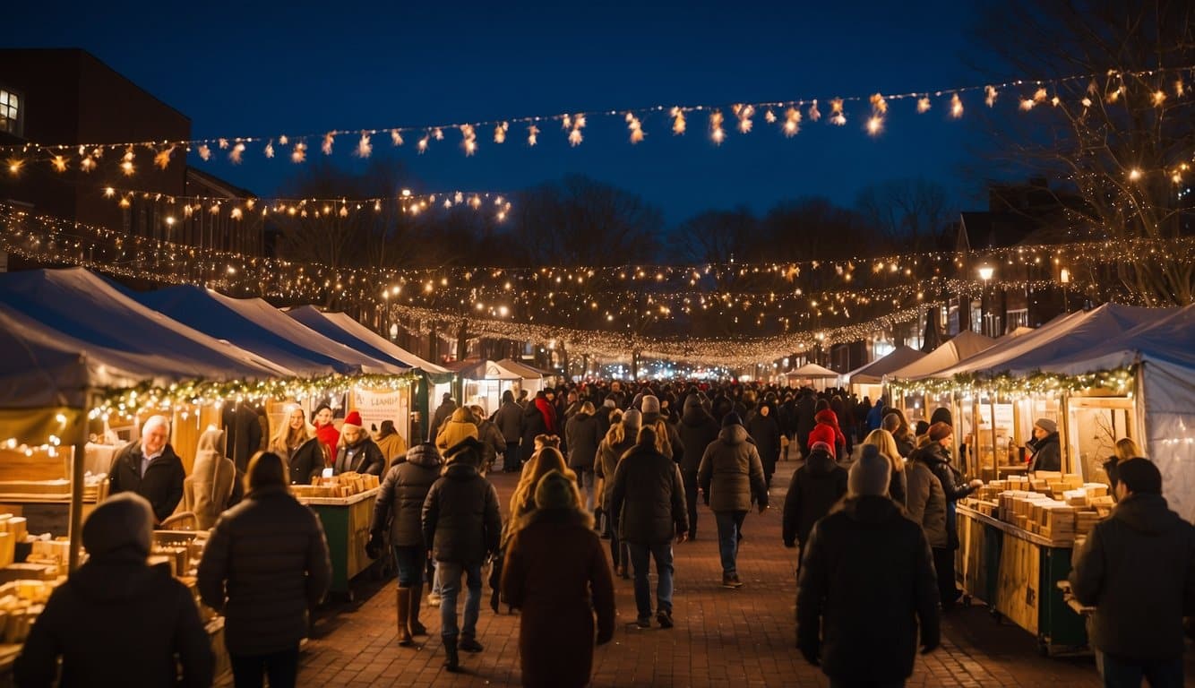 The Easton Holiday Market bustles with festive activity. Vendors sell handcrafted goods amid twinkling lights and the scent of mulled cider