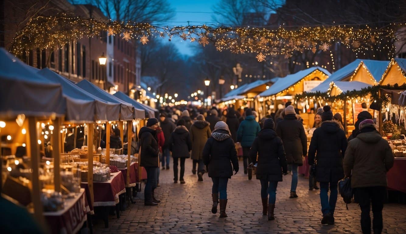 The holiday market in Old Town Ellicott City is bustling with festive activity. Colorful stalls are adorned with twinkling lights and decorations, while the aroma of hot cocoa and roasted chestnuts fills the air