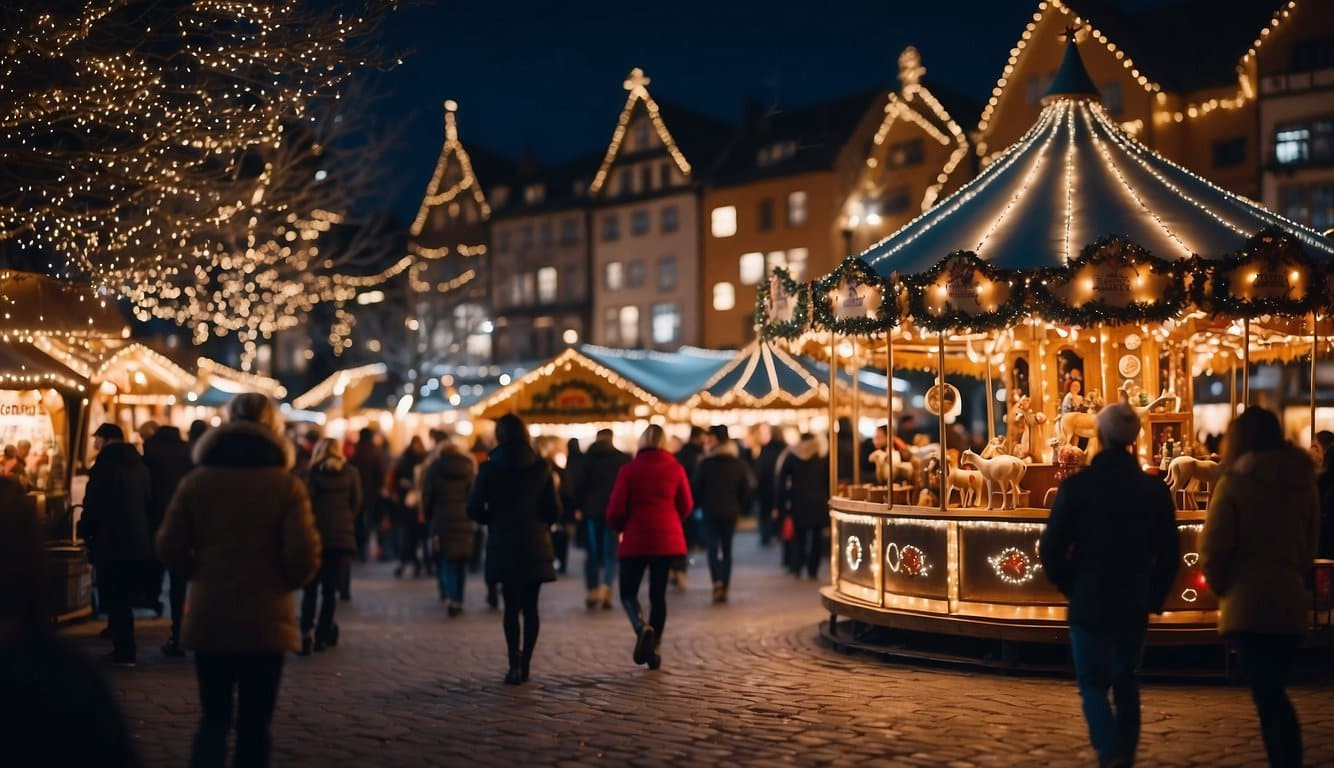 The Christmas market bustles with festive lights and colorful stalls, offering handmade crafts and seasonal treats. A carousel spins merrily in the center, surrounded by families enjoying the holiday atmosphere