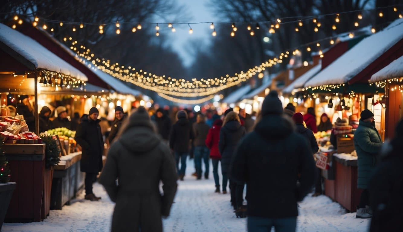 Colorful market booths line the snowy streets, adorned with twinkling lights and festive decorations. Crowds of people browse through the holiday crafts, sipping hot cocoa and enjoying the cheerful atmosphere