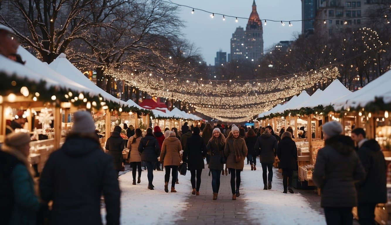 People stroll through Union Square Holiday Market, surrounded by festive stalls and twinkling lights. Snowflakes fall gently, adding to the magical atmosphere