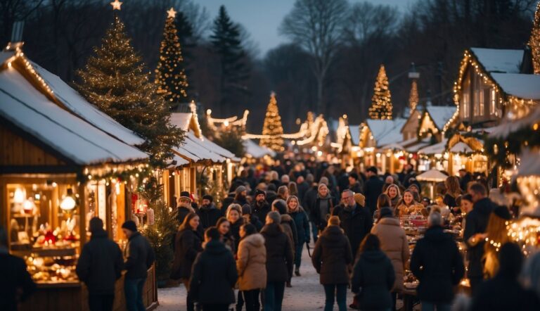 Crowded outdoor Christmas market in the evening, with people walking and shopping amidst wooden stalls and festive holiday lights. Snow-covered trees and decorated Christmas trees are visible in the background—a perfect preview of what to expect at Christmas Markets Massachusetts 2024.