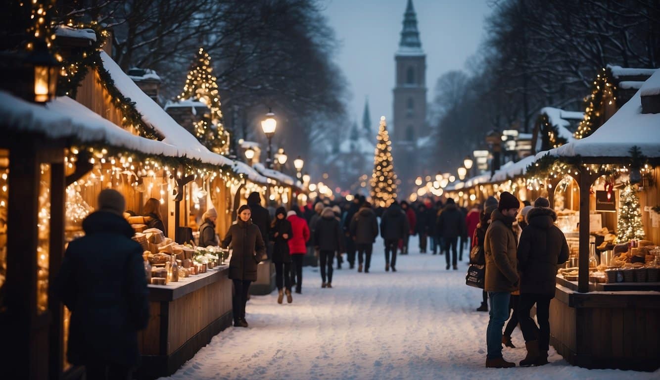 Snow-covered stalls line the cobblestone streets, twinkling lights illuminate the festive atmosphere. A towering Christmas tree serves as the centerpiece, surrounded by bustling crowds and the aroma of hot cider and roasted chestnuts