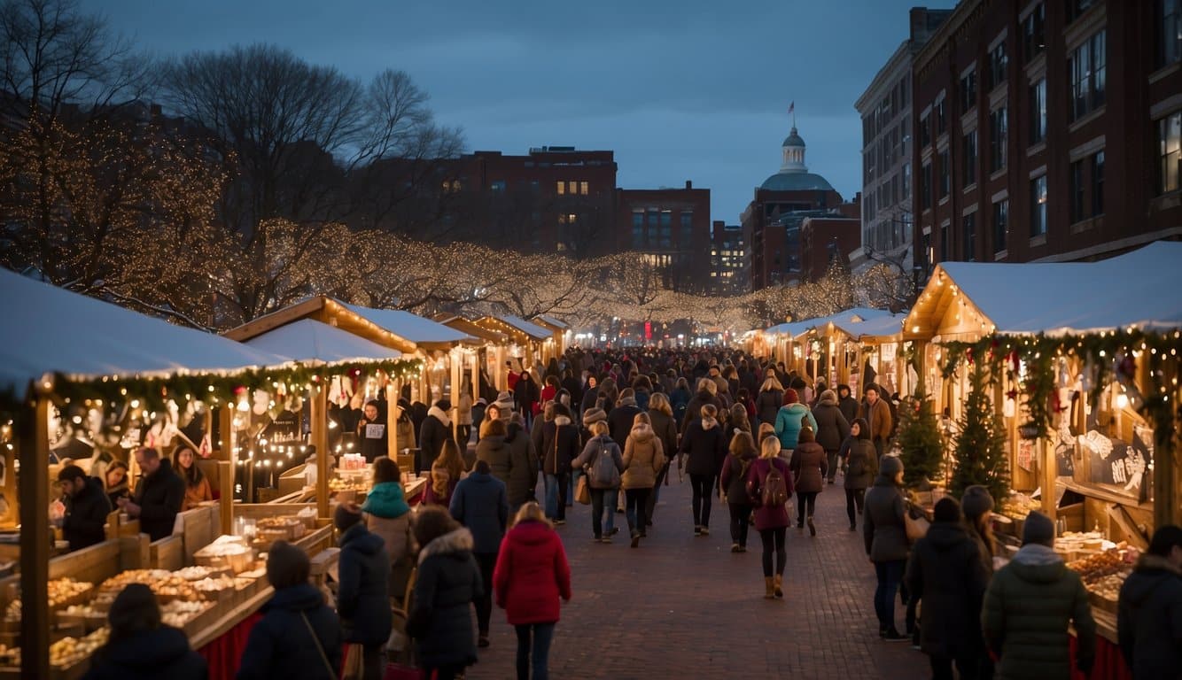 Crowds bustling through festive booths at Harvard Square Holiday Fair, adorned with twinkling lights and colorful decorations, as vendors showcase handmade crafts and seasonal treats