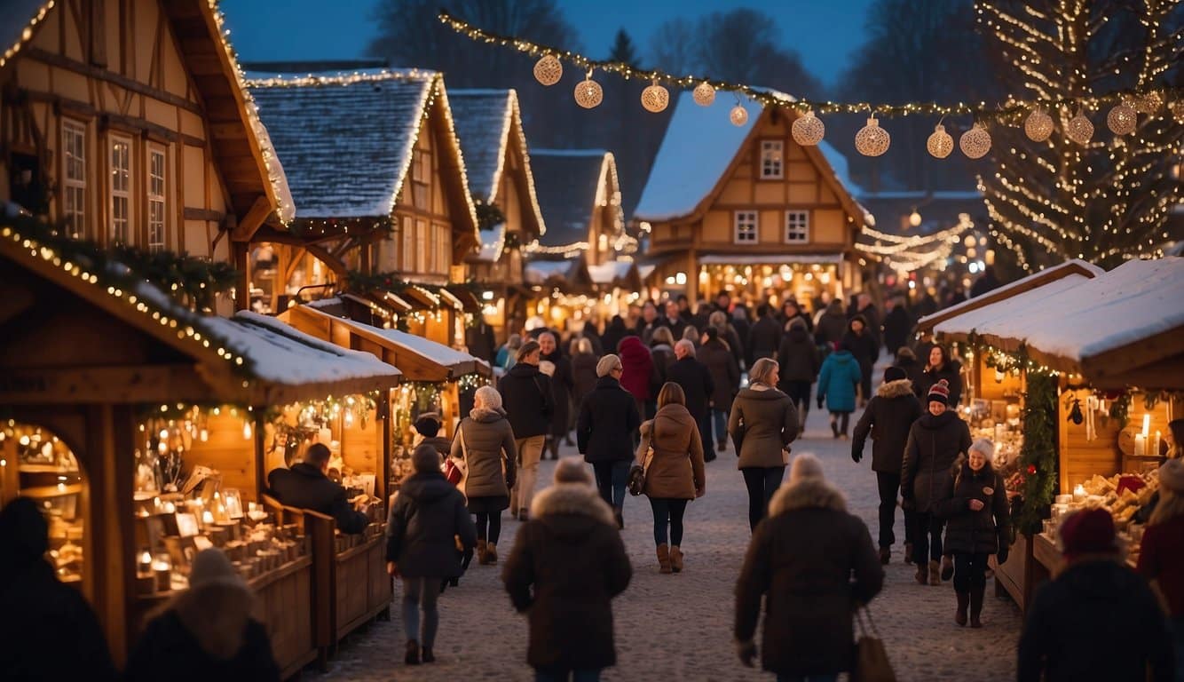 The Bavarian Christmas Market at Yankee Candle Village is bustling with festive activity. The air is filled with the sweet scent of gingerbread and mulled wine as visitors browse through the charming stalls adorned with twinkling lights and traditional holiday decorations