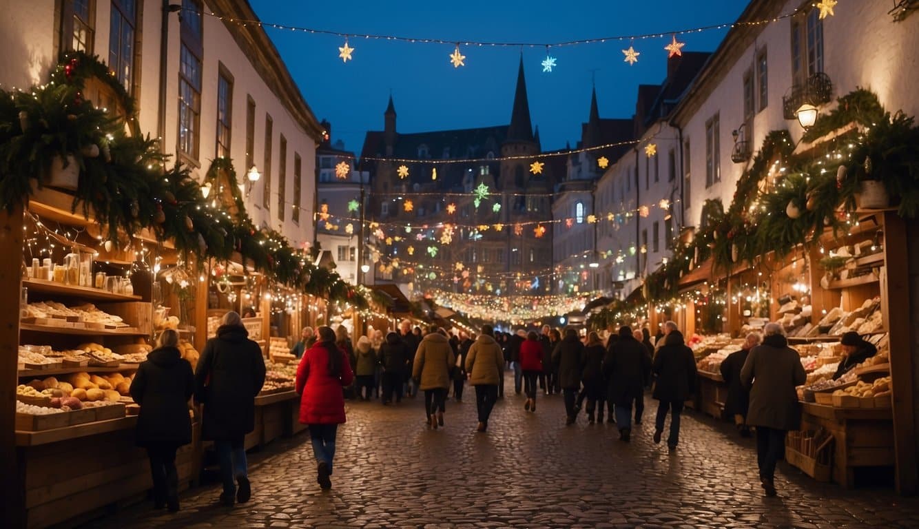 Colorful stalls line the cobblestone streets, adorned with twinkling lights and festive decorations. Shoppers browse through an array of handcrafted goods and savory treats, while the sound of carolers fills the air