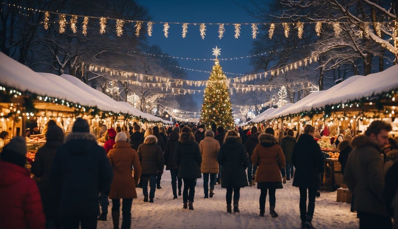 Crowds browse festive stalls amid twinkling lights at Michigan Christmas Markets 2024. A giant tree towers over the scene, while the scent of mulled wine and roasted chestnuts fills the air