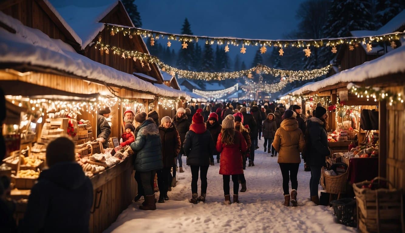 Snow-covered wooden stalls line the streets, adorned with twinkling lights and festive decorations. Crowds of people browse through the market, sipping on hot cocoa and admiring the handmade crafts and gifts