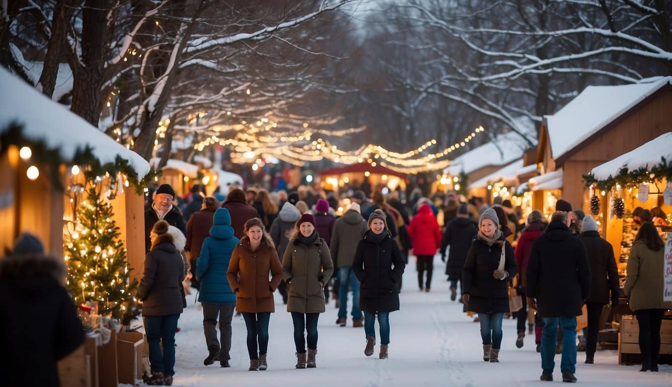 People strolling through the Christmas Markets Michigan 2024, a festive outdoor event adorned with string lights and snow-covered trees, with charming wooden stalls lining both sides.