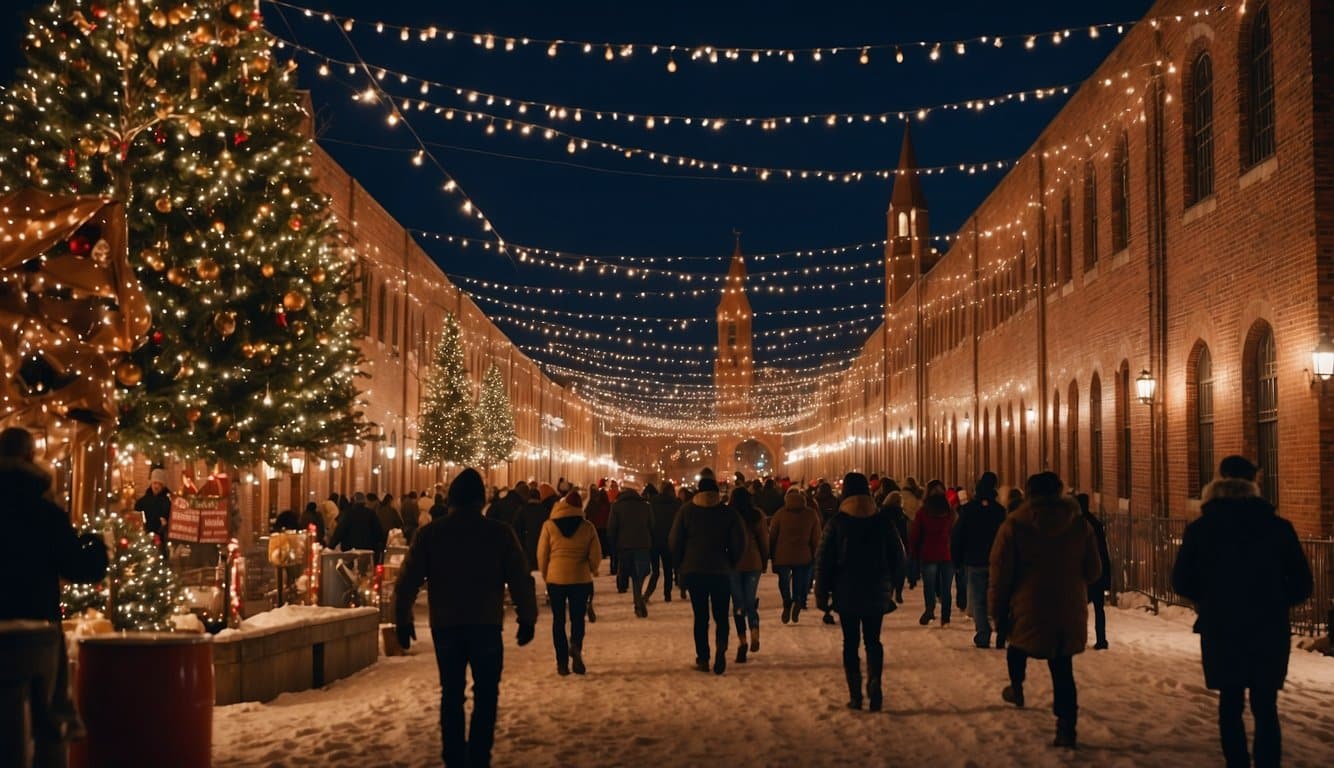 The historic prison complex is adorned with festive Christmas lights and decorations, as visitors browse through the bustling markets in Michigan 2024