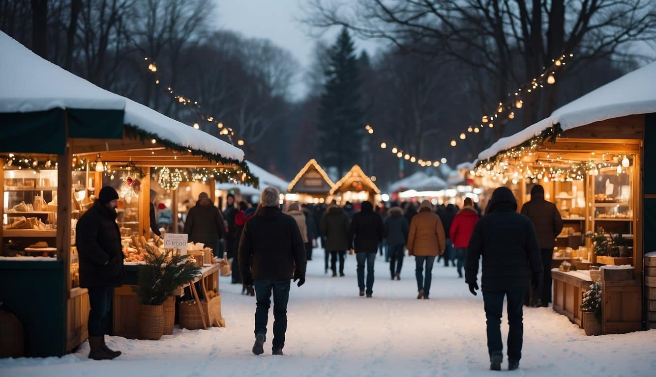 A festive scene at the Saugatuck Holiday Bazaar: snow-covered market stalls, twinkling Christmas lights, and bustling shoppers browsing handmade crafts and festive treats