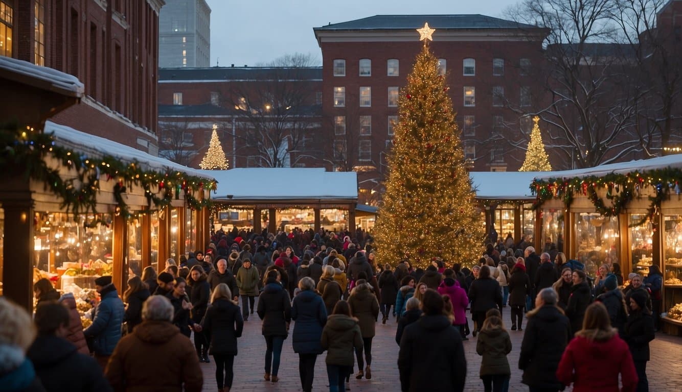 The Faneuil Hall Holiday Market bustles with festive activity as vendors display colorful wares under twinkling lights. Crowds of shoppers weave through the stalls, sipping hot cocoa and admiring the seasonal decorations