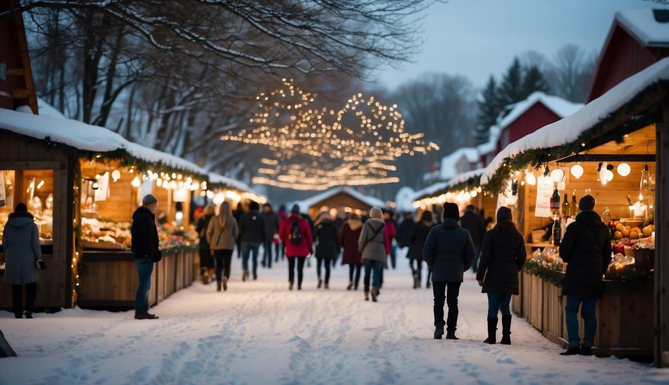 Snowy Christmas market with festive stalls, twinkling lights, and joyful shoppers in Birch Run, Michigan. Birch trees line the market, creating a cozy holiday atmosphere