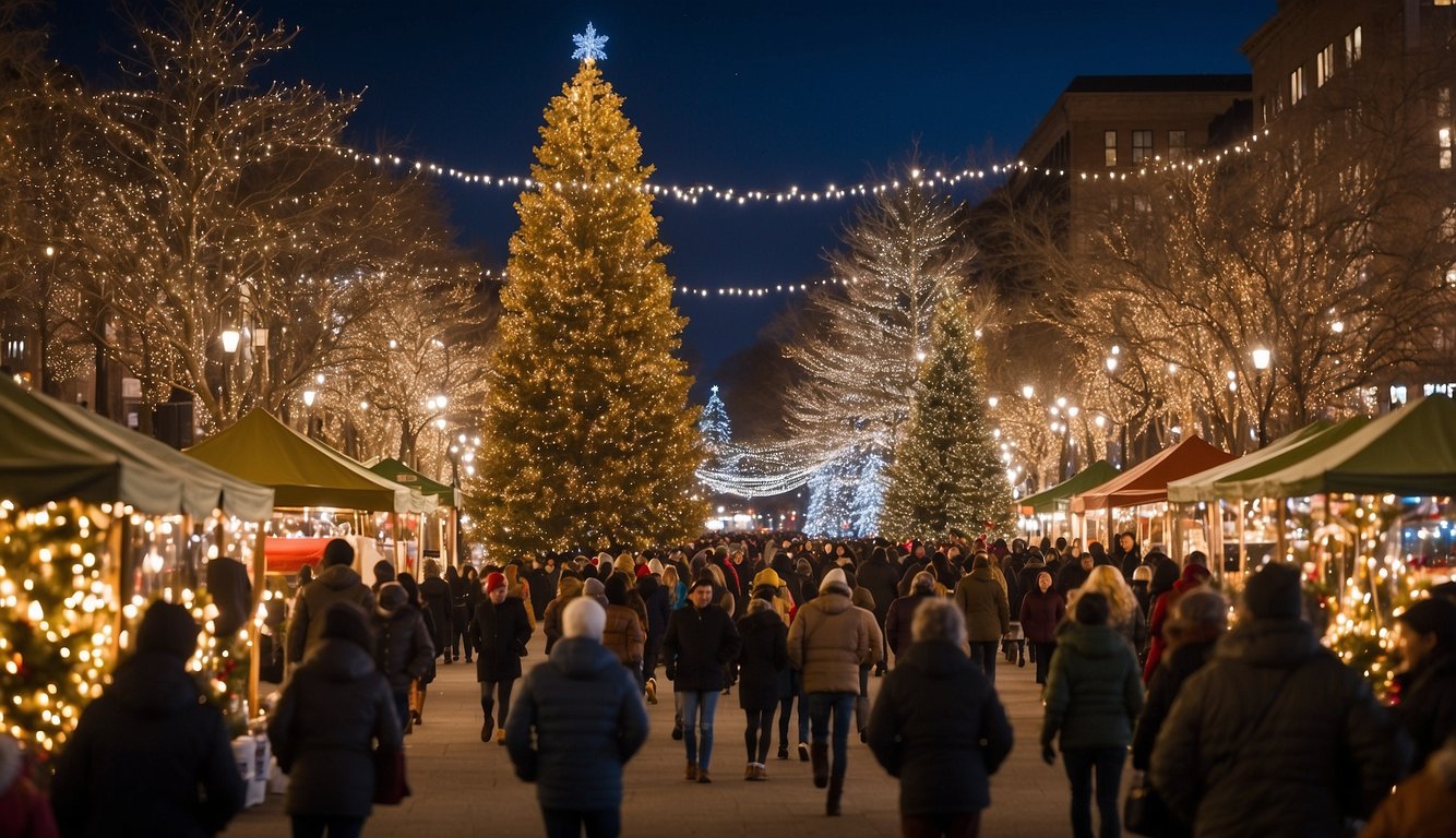 The holiday market bustles with festive activity as vendors display colorful goods under twinkling lights and a giant Christmas tree