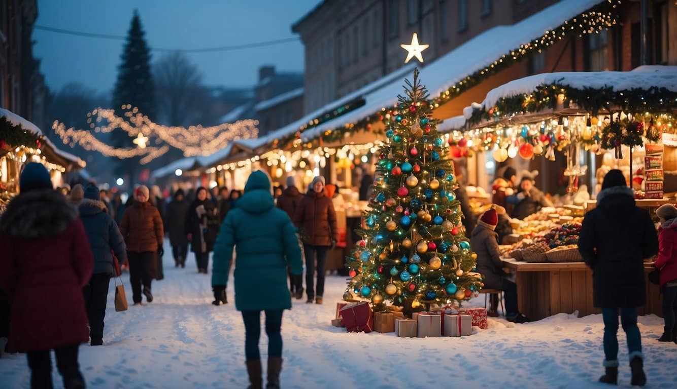 Colorful stalls and twinkling lights fill the snowy market. A giant Christmas tree stands in the center, surrounded by festive decorations and joyful families