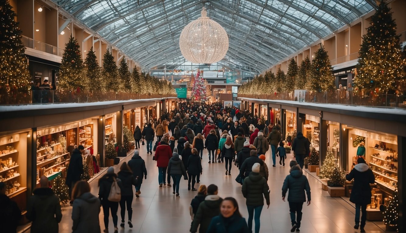 Crowds browse festive stalls with twinkling lights and colorful decorations at the Mall of America's Holiday Bazaar, capturing the spirit of Christmas Markets in Minnesota 2024