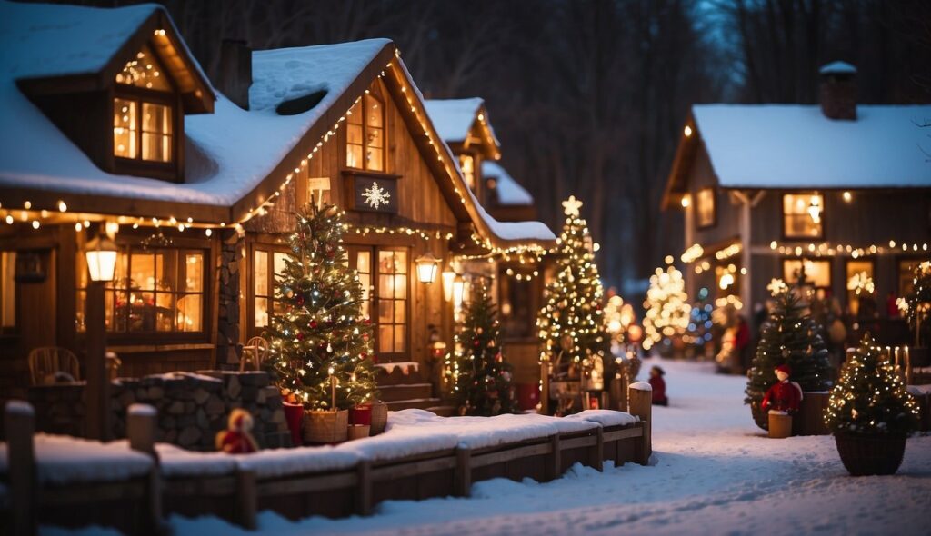 A quaint village street is decorated with Christmas lights and snow-covered houses. Festive trees and ornaments illuminate the night, evoking scenes one might expect at the charming Christmas Markets in Minnesota 2024.