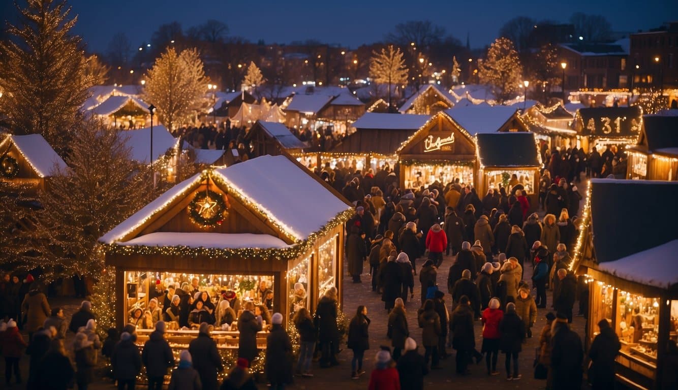 The Christkindlsmarkt at Excelsior Christmas Markets in Minnesota 2024 bustles with festive stalls, twinkling lights, and joyful carolers