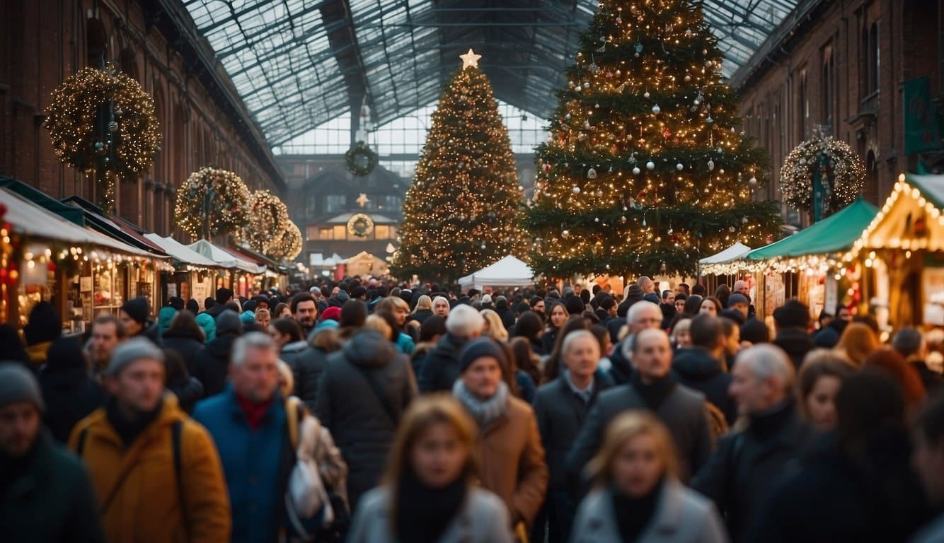 Crowds gather around festive stalls, adorned with twinkling lights and colorful decorations. A giant Christmas tree stands tall in the center of the market, surrounded by vendors selling handmade crafts and delicious holiday treats