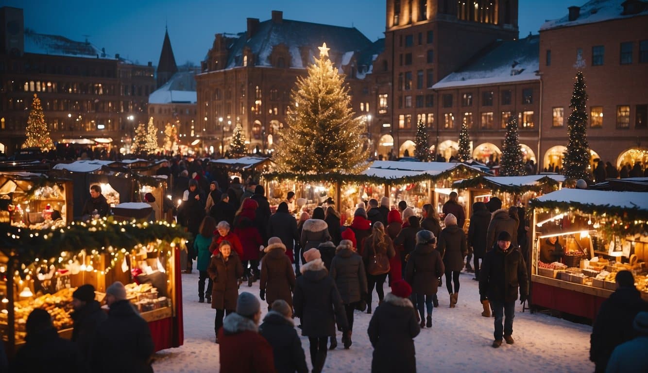 A bustling European Christmas market in Minnesota, filled with colorful stalls, twinkling lights, and festive decorations. Visitors wander through the market, sipping on mulled wine and enjoying the holiday spirit