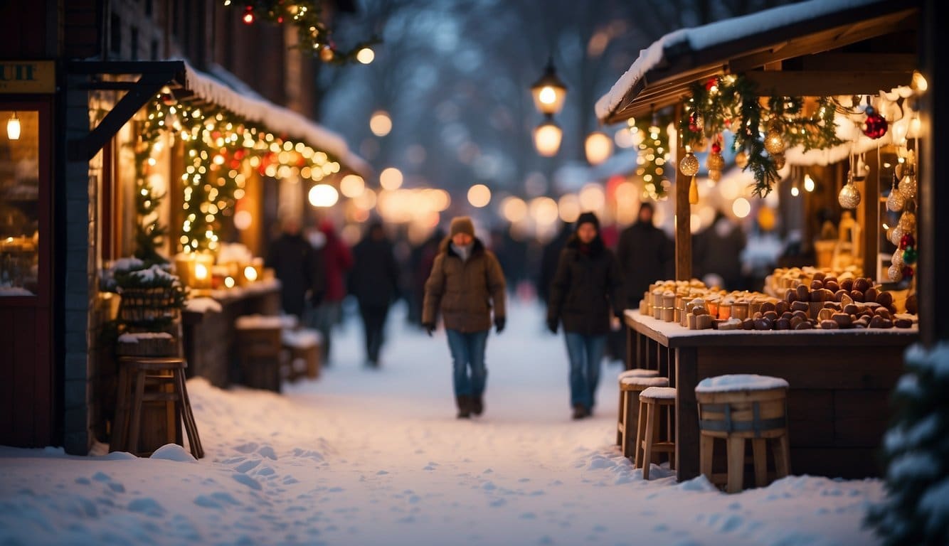 Colorful stalls line snow-covered streets, adorned with twinkling lights and festive decorations. The air is filled with the scent of hot cocoa and roasted chestnuts, and joyful music fills the air