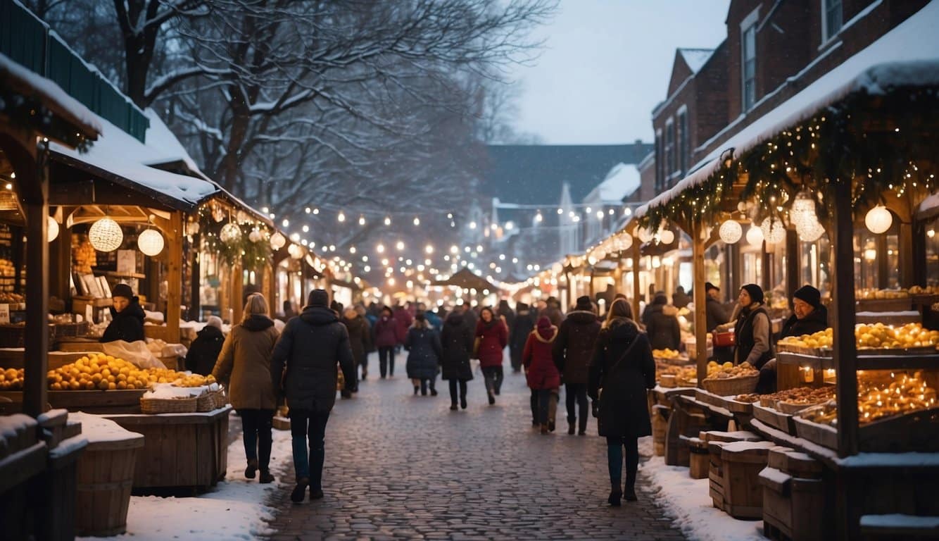 Snow-covered market stalls line the historic streets of Georgetown, adorned with twinkling lights and festive decorations. The aroma of roasted chestnuts and mulled wine fills the air as visitors browse the charming holiday market